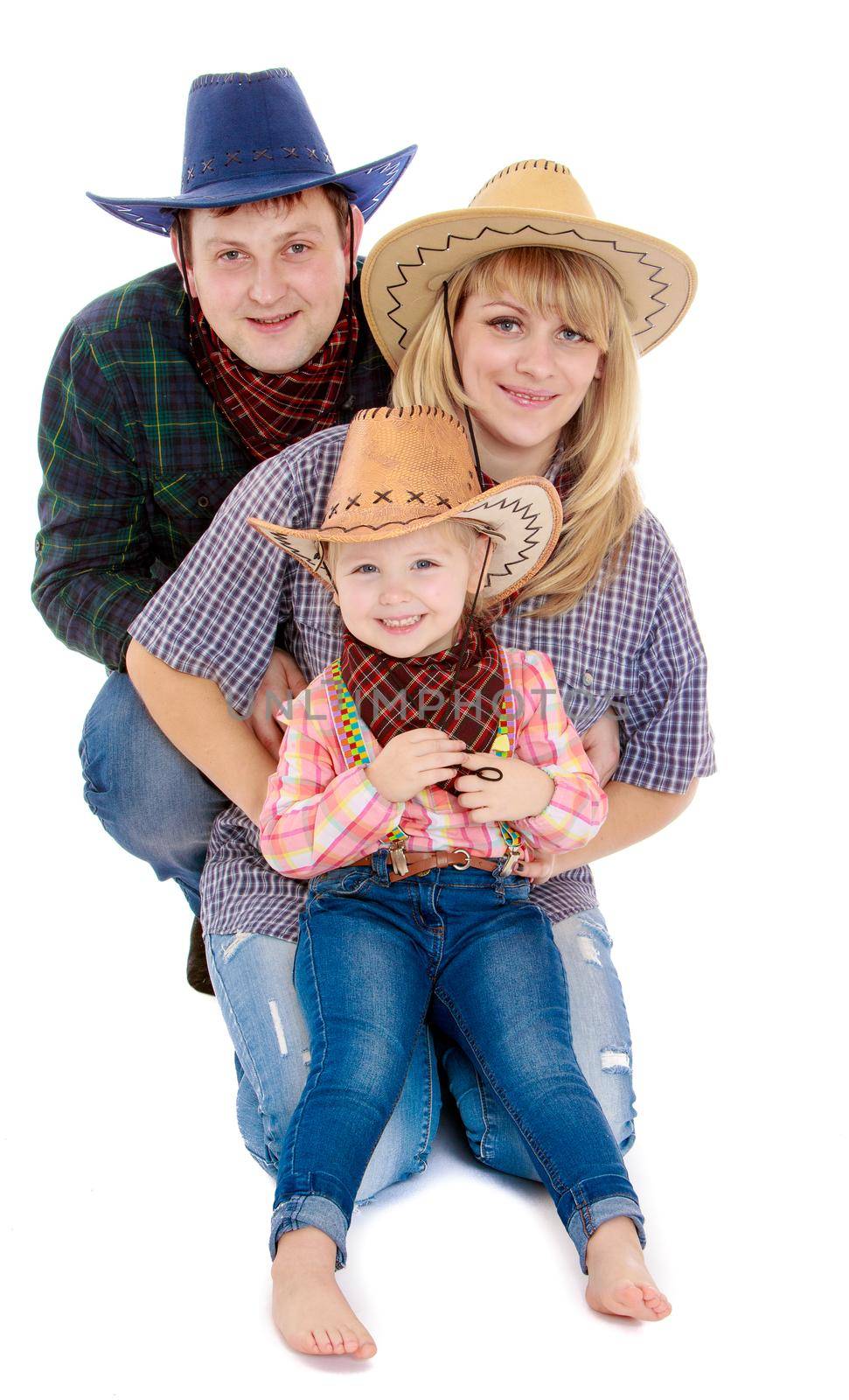 Happy family of 3 people. In the cowboy clothes-Isolated on white background