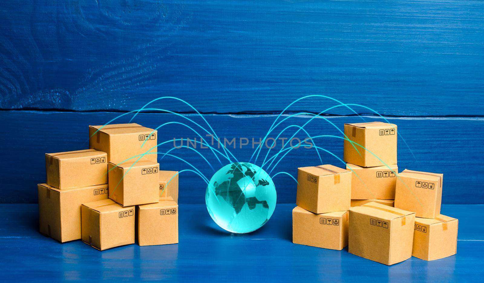 Boxes connected with the planet. Concept of delivering goods and products around the world. International transportation of goods. Business globalization Shipping freight. Distribution by iLixe48