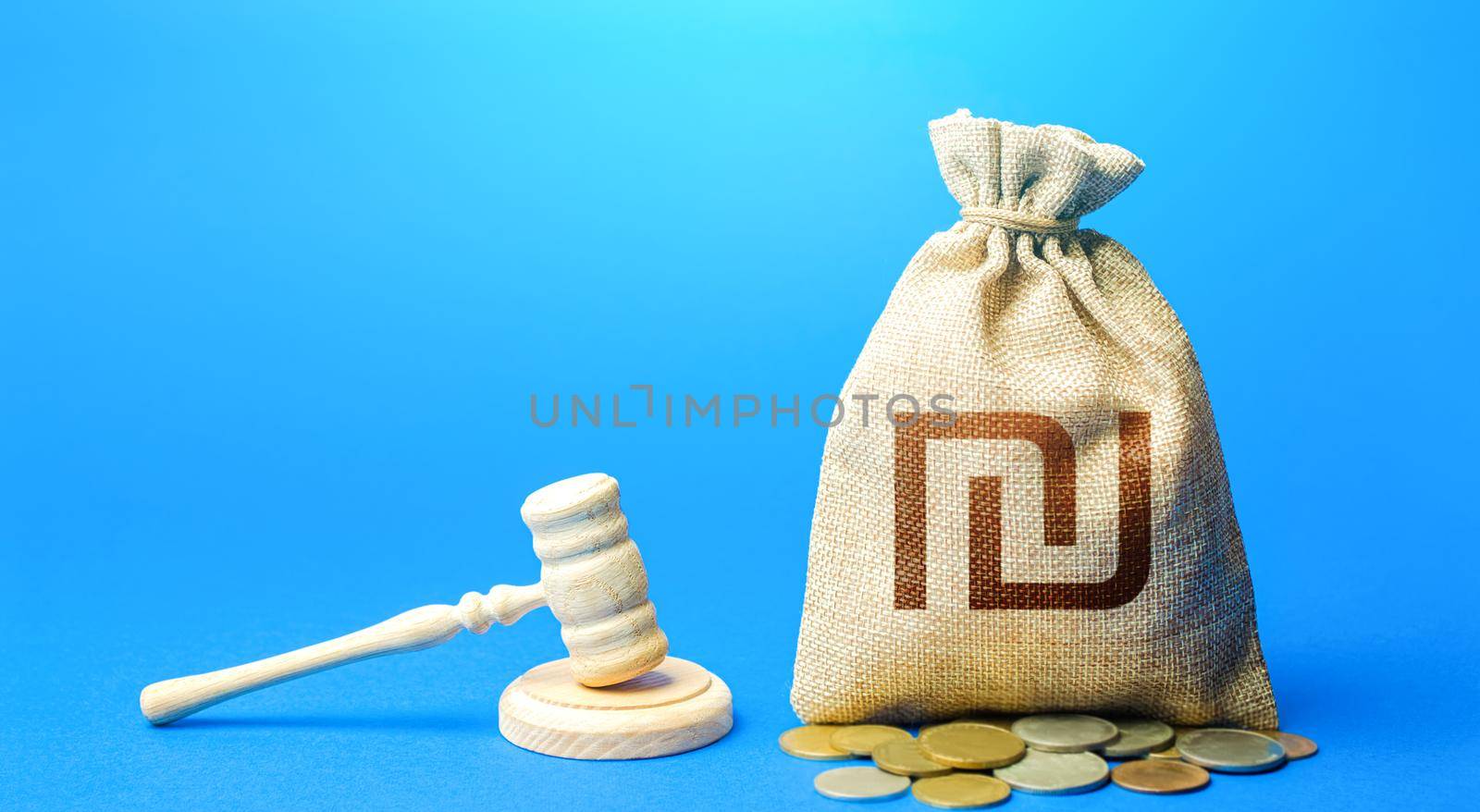 Israeli shekel money bag and judge's gavel. Litigation, dispute resolution, conflict of interest settlement. Awarding moral financial compensation. Protection rights. Justice. Lawyer services. by iLixe48