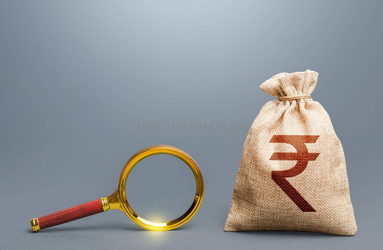 Indian rupee money bag and magnifying glass. Find high-paying job. Most favorable conditions for deposits, loans. Origin of capital and legality of funds. Search for financing. Financial audit. by iLixe48