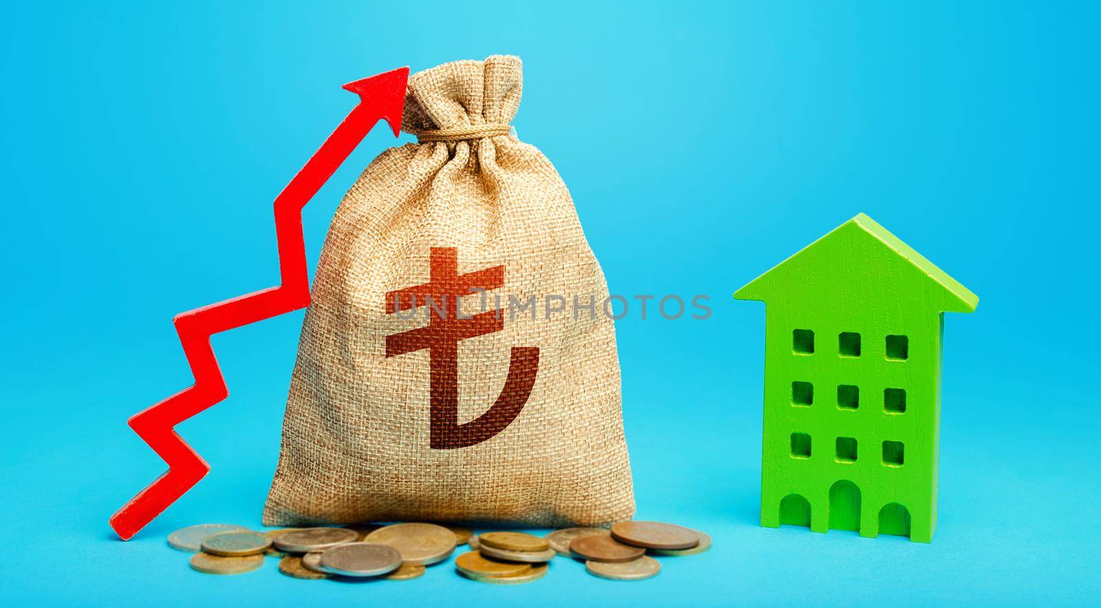 Turkish lira money bag with red up arrow and residential building. Increase in prices for apartments and housing. Municipal budget. Return on investment. Recovery and growth in property cost. by iLixe48
