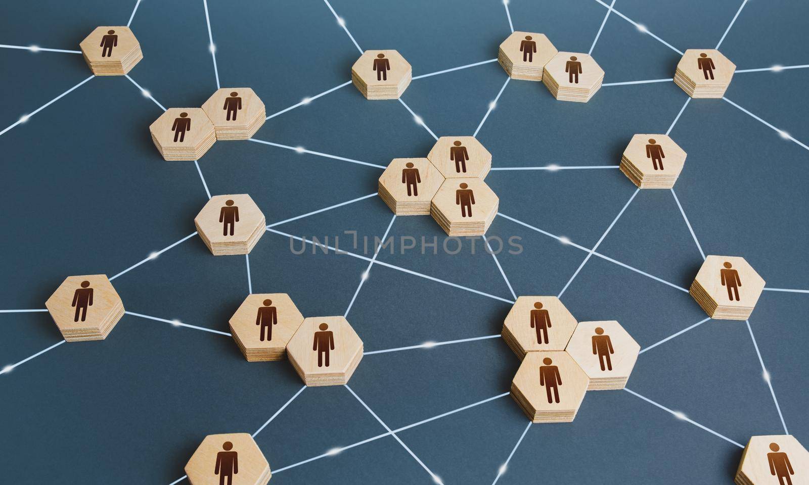 Network of interconnected people. Interactions between employees and working groups. Social business connections. Networking communication. Decentralized hierarchical system of company. Organization by iLixe48