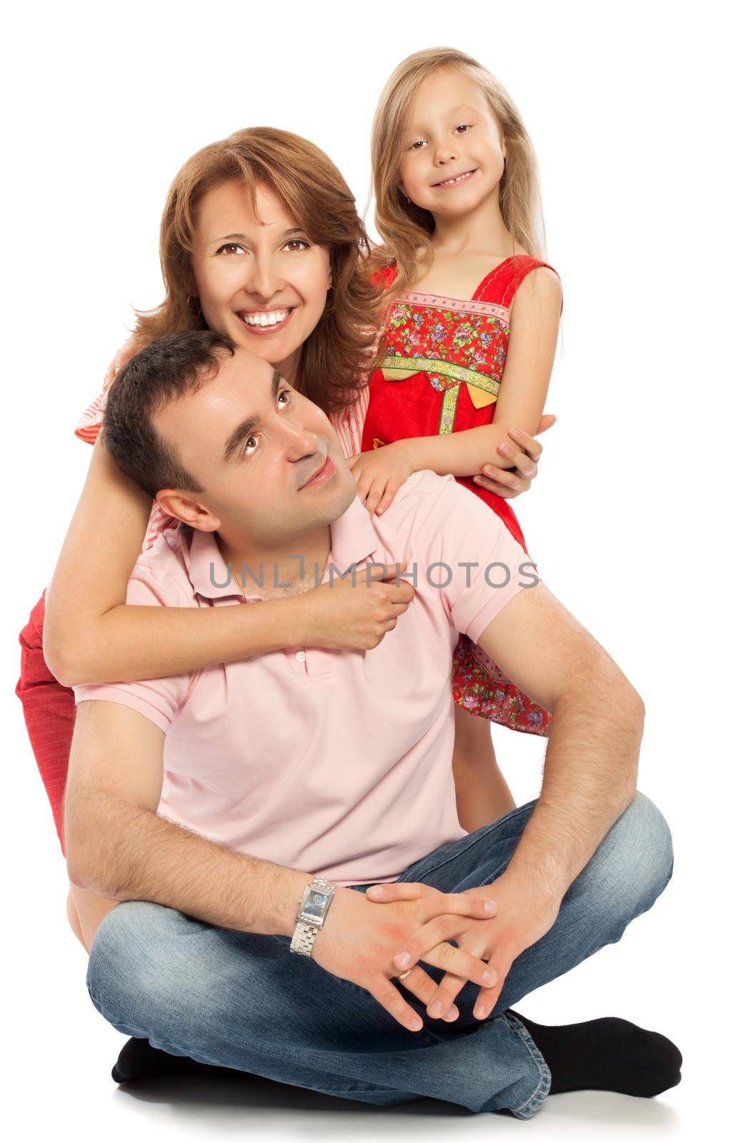 Happy family of three. Dad, mom and little charming daughter. The Pope looks to the top-Isolated on white background
