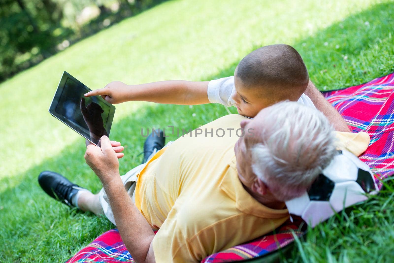 grandfather and child using tablet computer in park