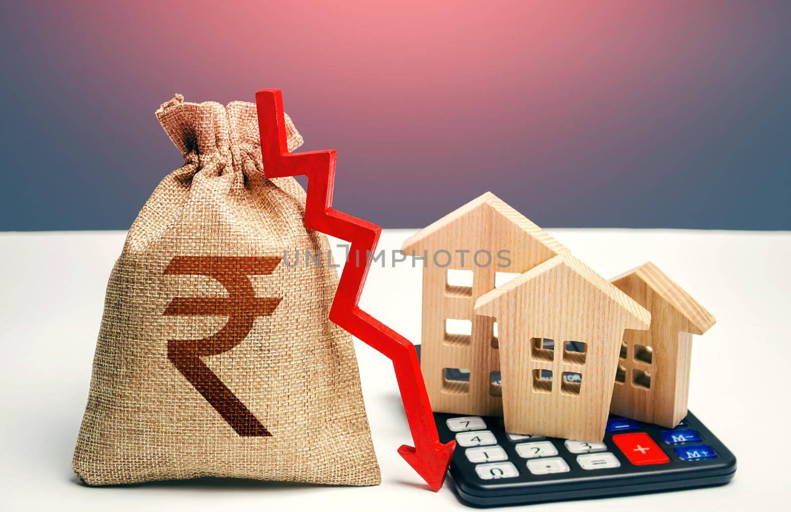 Indian rupee money bag with down arrow and houses on calculator. Saving resources and reducing maintaining cost, increasing energy efficiency. Falling real estate market, low prices and demand. by iLixe48