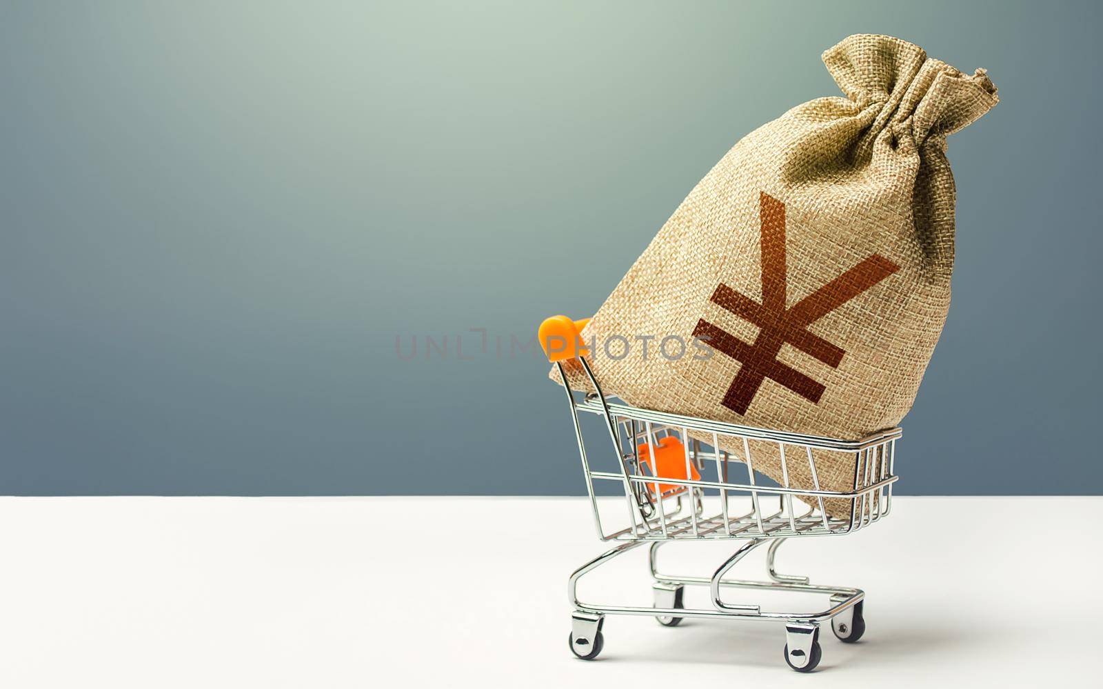 Yuan Yen money bag in a shopping cart. Profits and super profits. Minimum living wage. Business and trade concept. Public budgeting. Economic bubbles. Loans, microloans. Consumer basket. by iLixe48