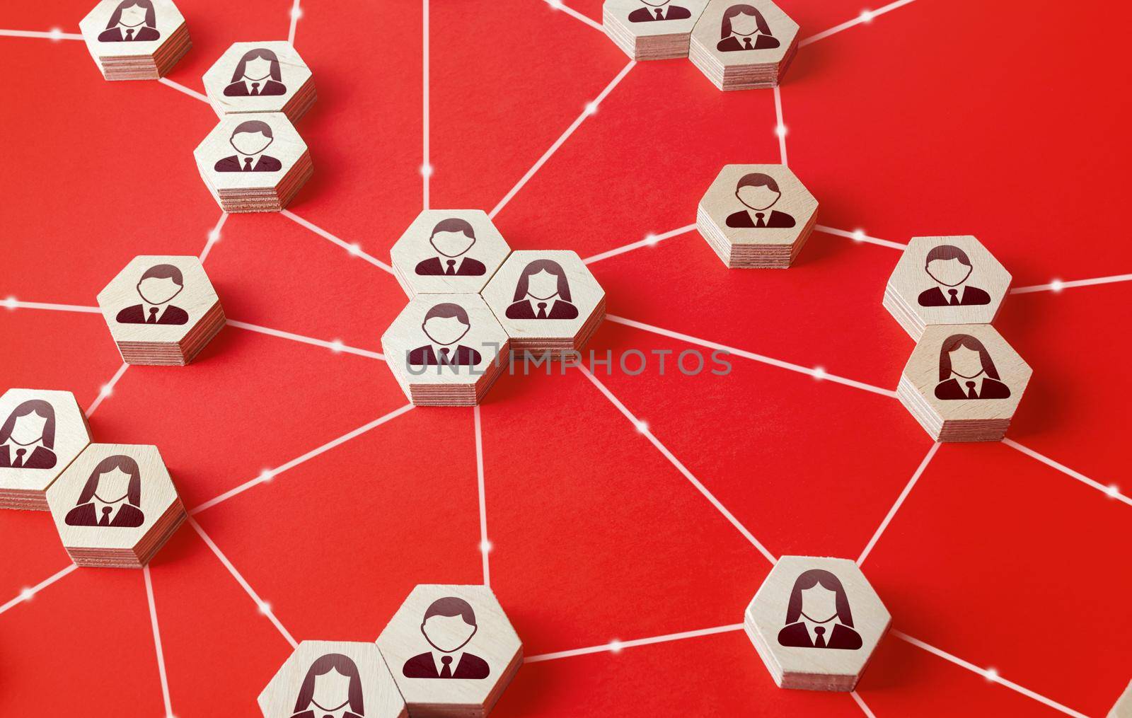 Network of connected people. Communicate interactions between working groups. Company networking communication. Partnerships, business relations development. Decentralized hierarchical system.