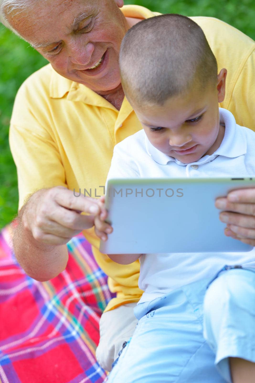 grandfather and child in park using tablet computer