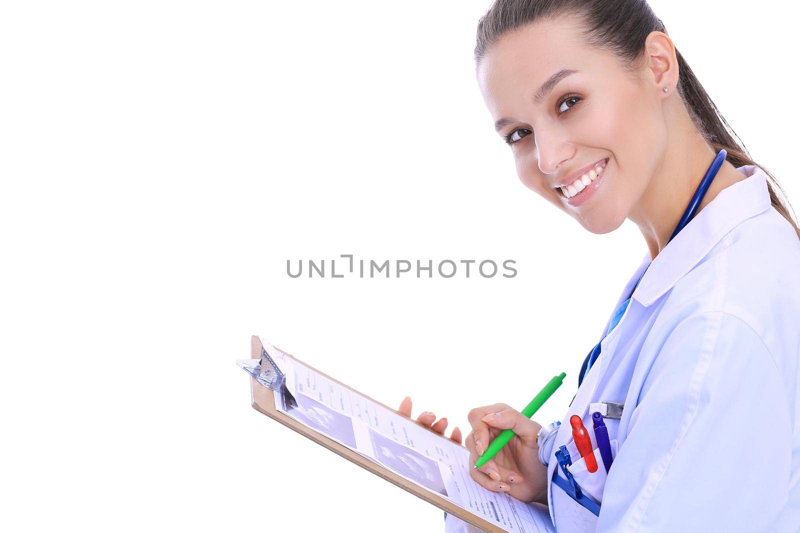 Female doctor with clipboard. Woman doctor.