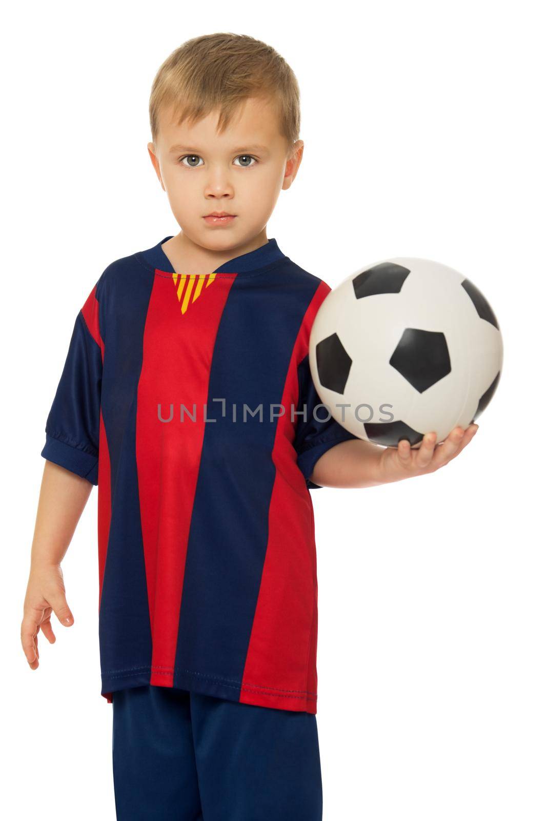 Little blond boy in a striped t-shirt holding a soccer ball - Isolated on white background