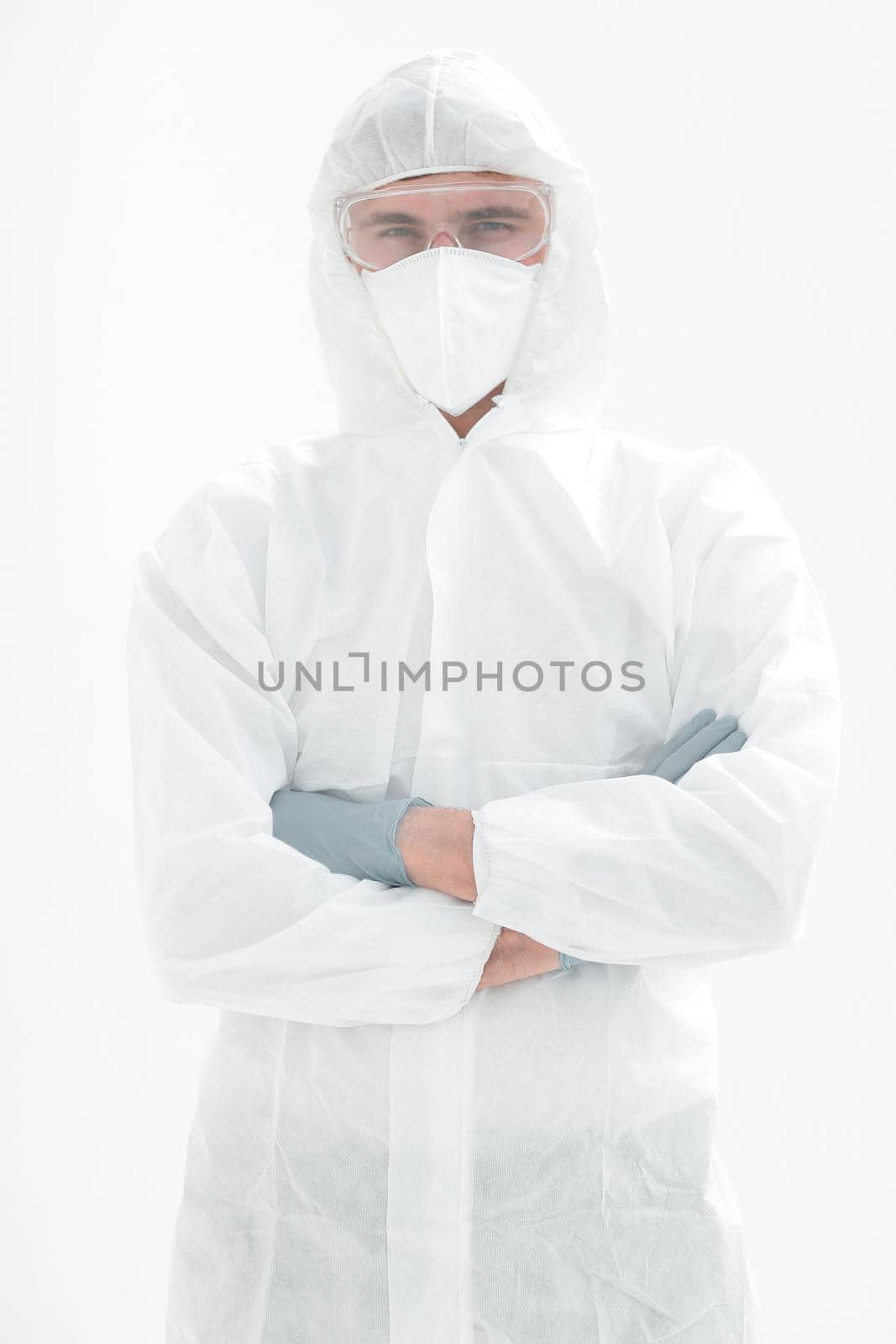 background image of a modern scientist in a protective suit.photo with copy space