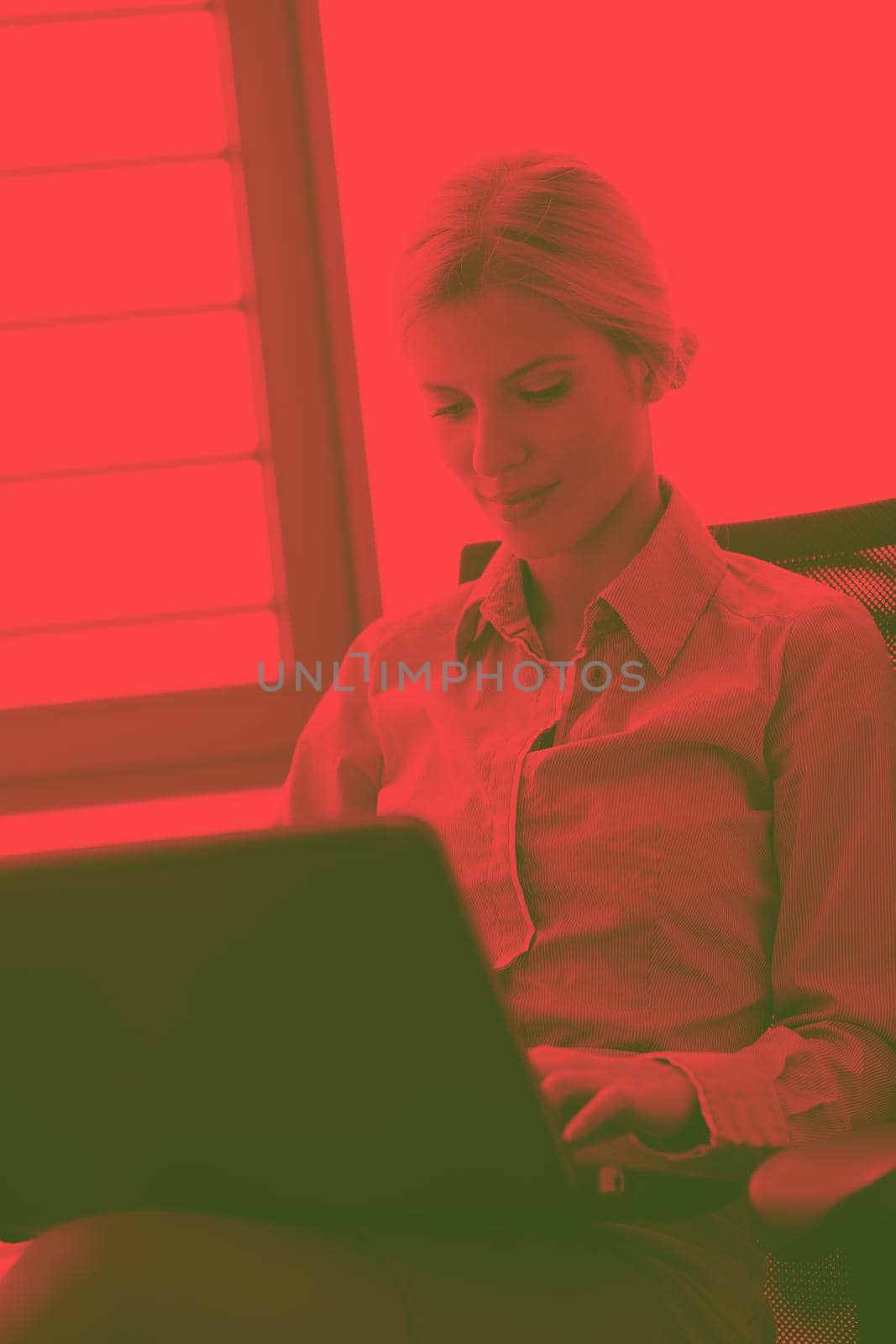 portrait of Young pretty business woman work on  notebook computer  in the bright modern office indoorsduo tone