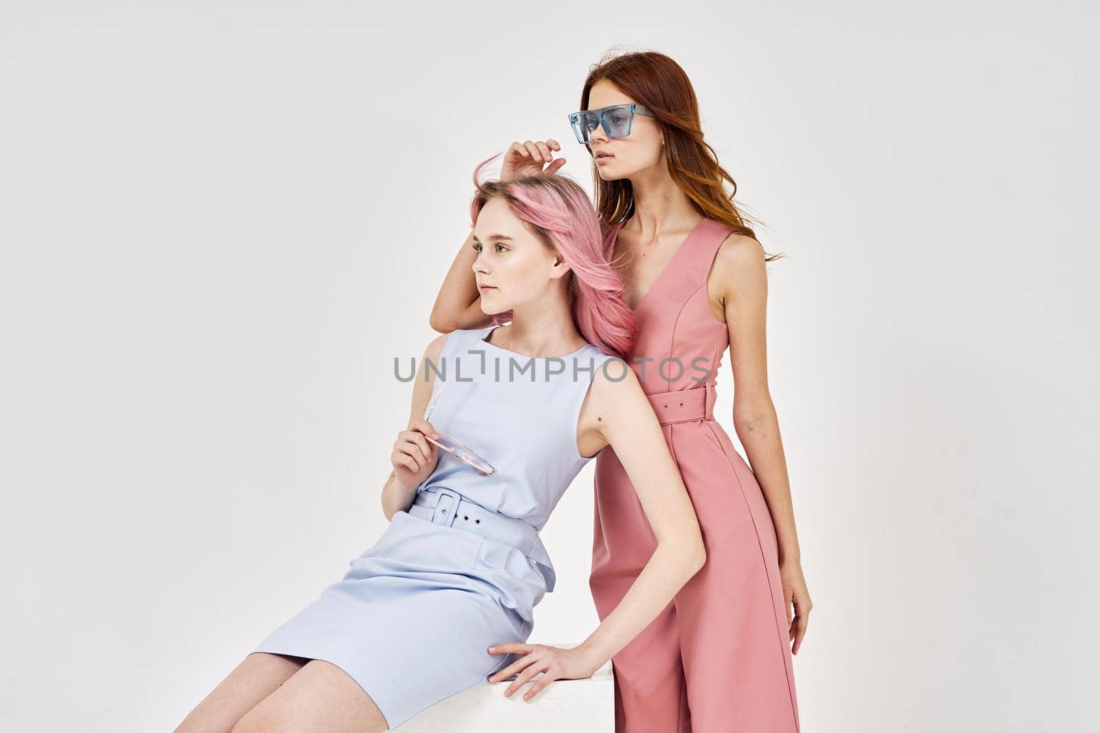 two women in fashionable clothes posing model decoration by Vichizh