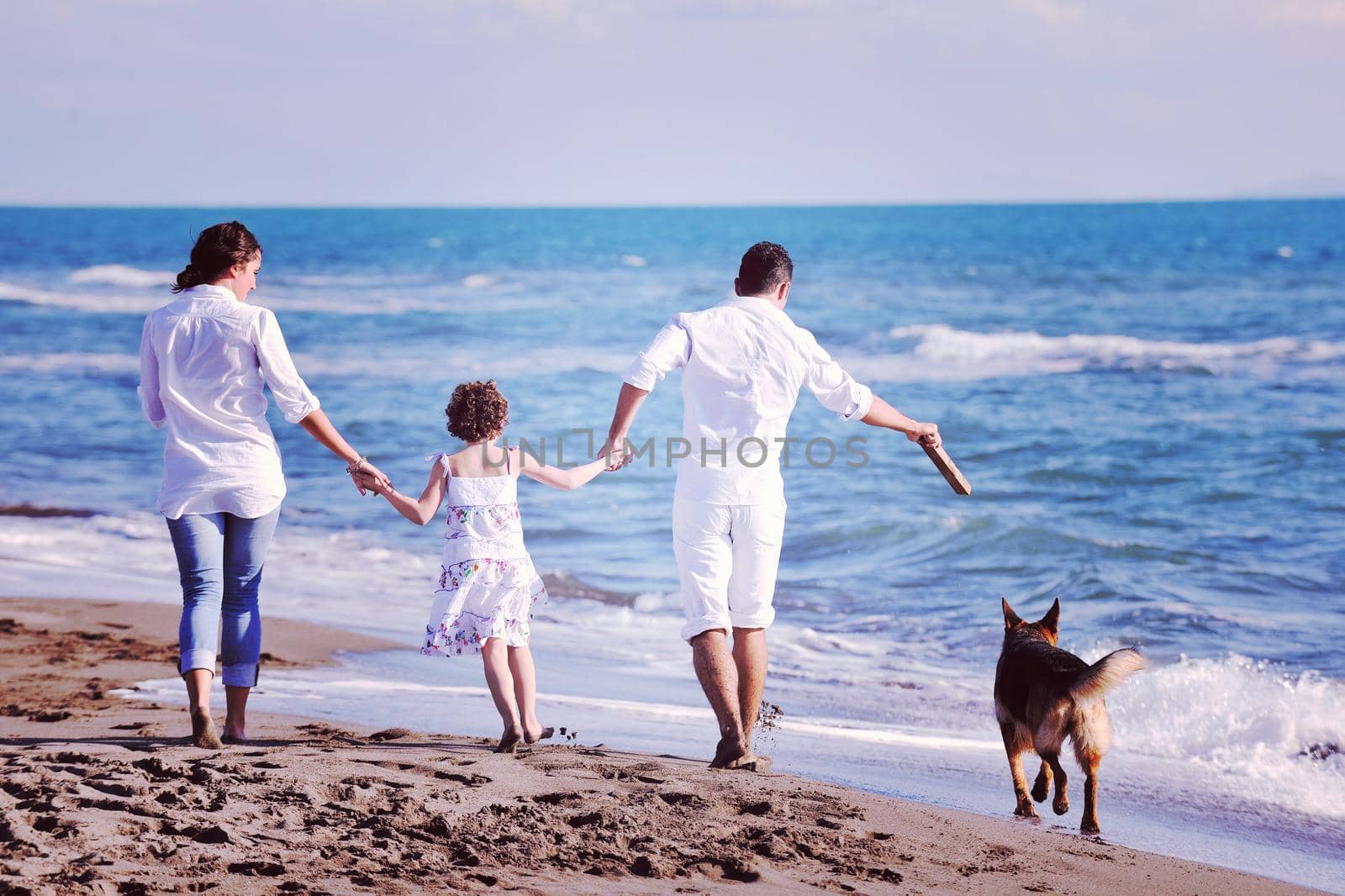 happy young family in white clothing have fun and play with beautiful dog at vacations on beautiful beach 