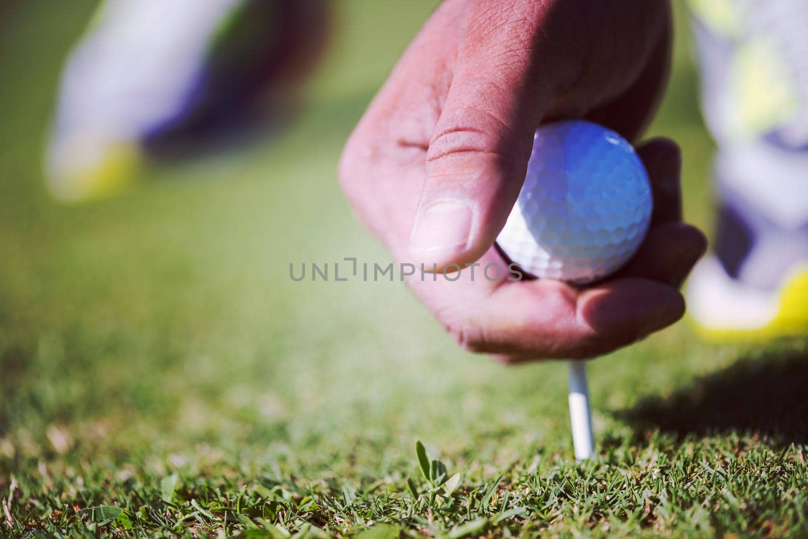 golf player placing ball on tee by dotshock