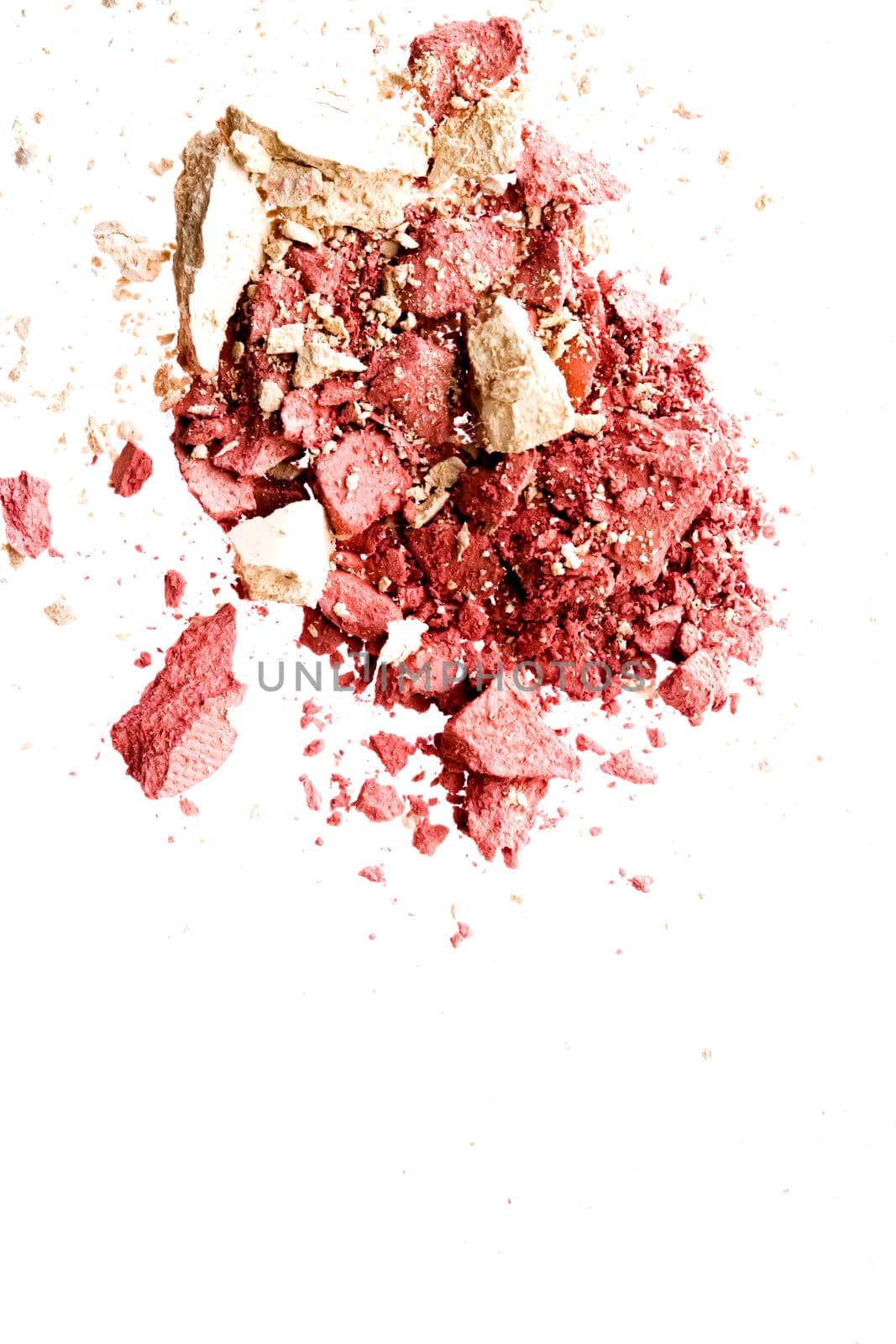 Powder cosmetics, mineral organic eyeshadow, blush or crushed cosmetic product isolated on white background, makeup and beauty banner, flatlay design by Anneleven