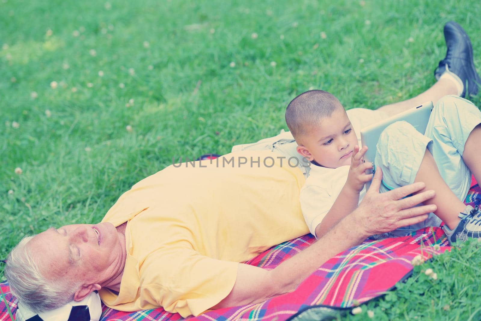 grandfather and child in park using tablet computer