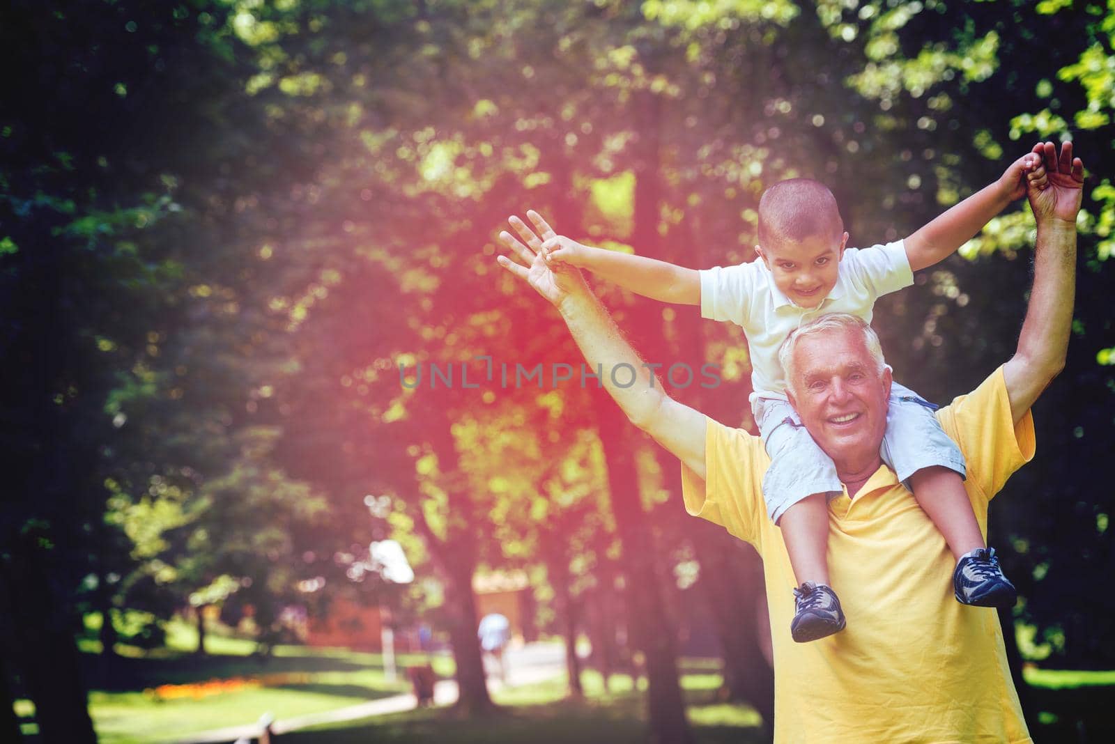 happy grandfather and child have fun and play in park on beautiful  sunny day