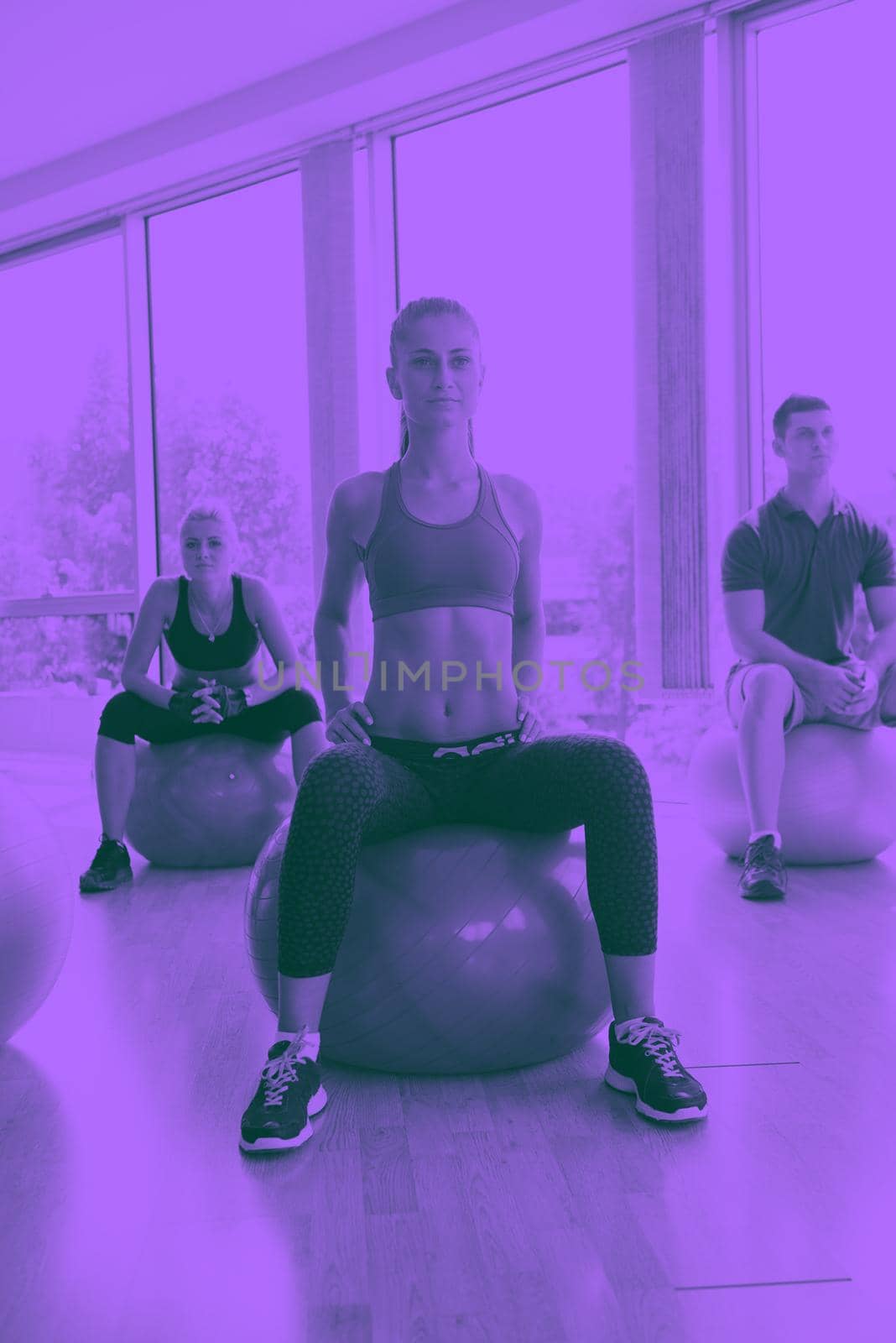 group of people exercise with balls on yoga class in fitness gym duo tone