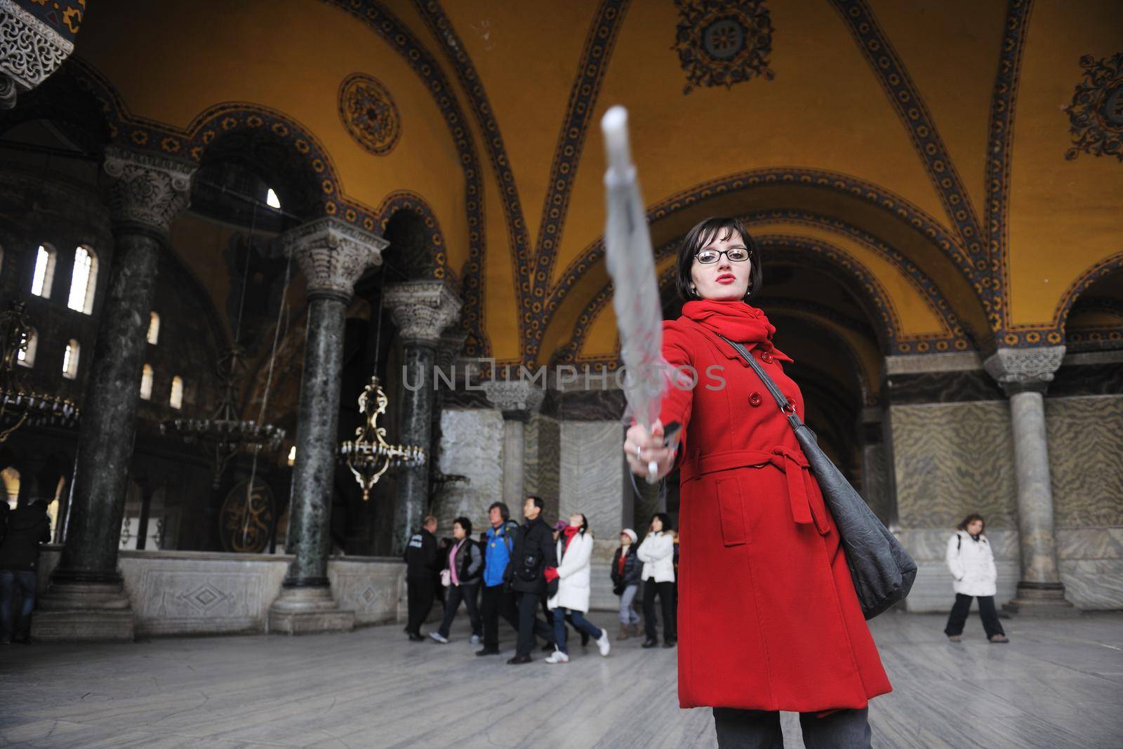 happy young tourist woman travel visit ancient istambul in turkey and old ayasofya blue mosque