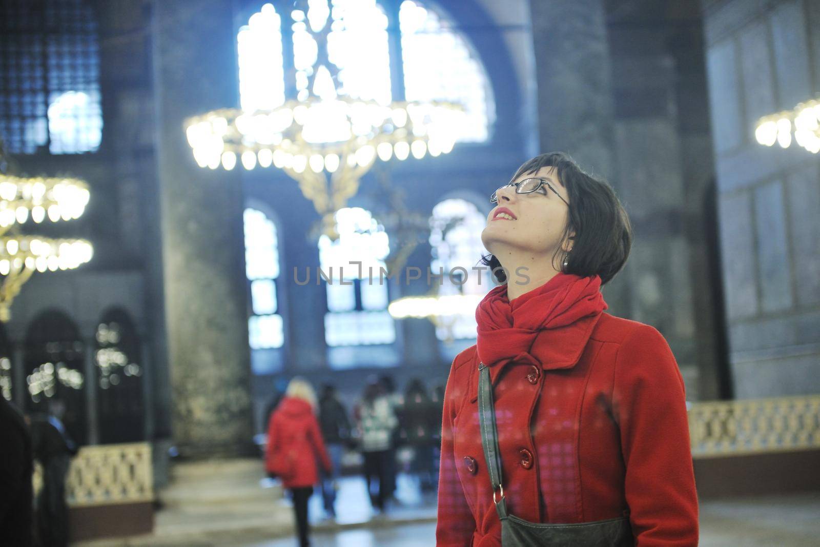 happy young tourist woman travel visit ancient istambul in turkey and old ayasofya blue mosque