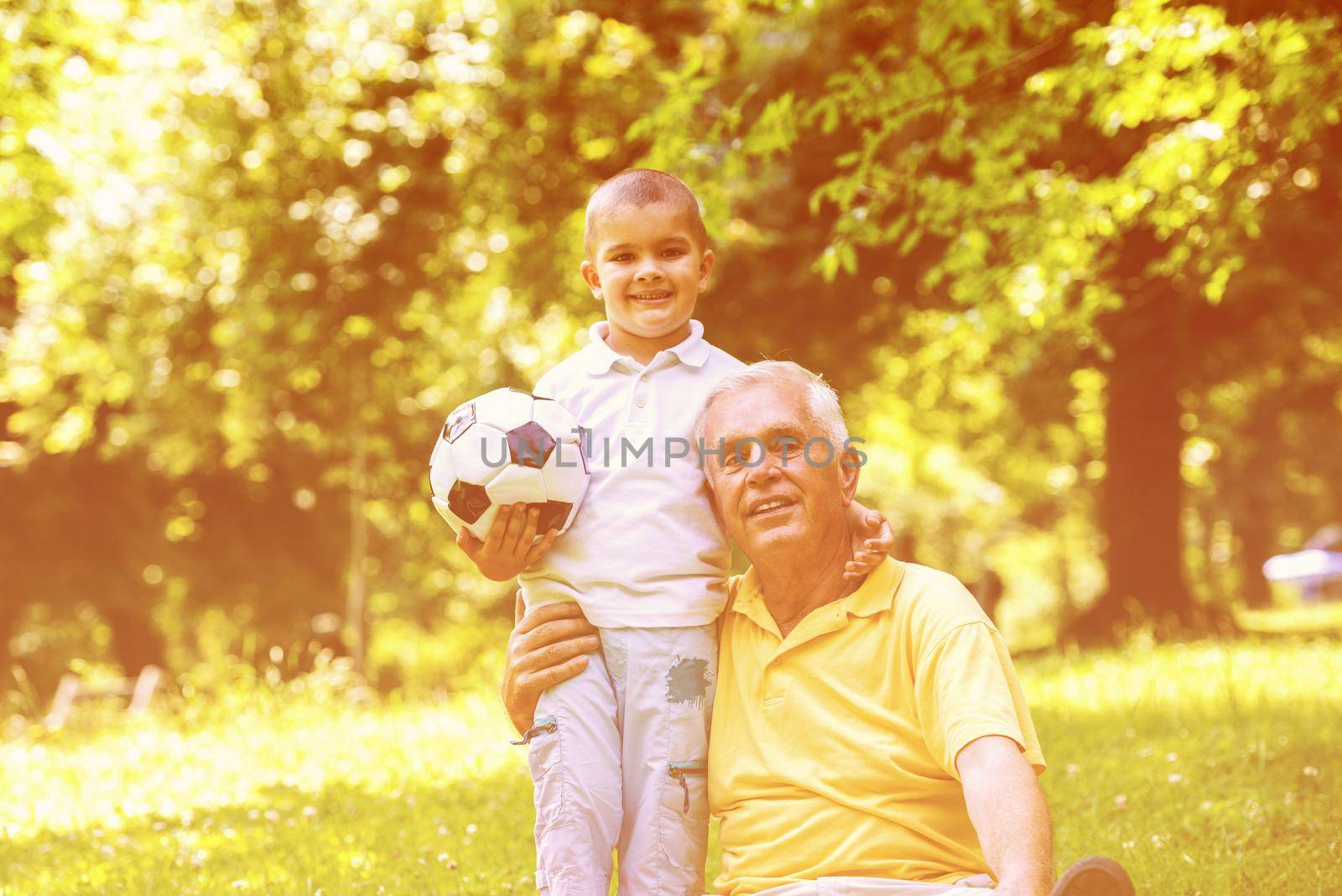 grandfather and child using tablet computer in park