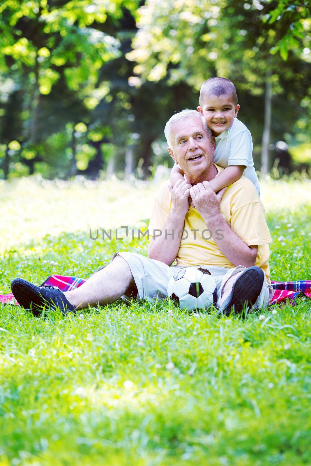 grandfather and child using tablet computer in park