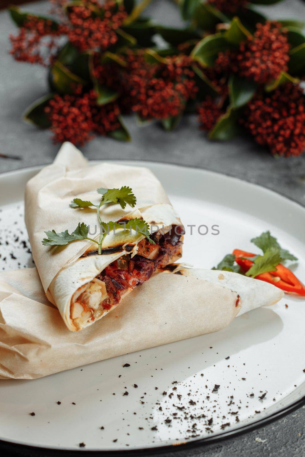 Shawarma sandwich gyro fresh roll of lavash chicken beef shawarma falafel RecipeTin Eatsfilled with grilled meat, mushrooms, cheese. Traditional Middle Eastern snack.