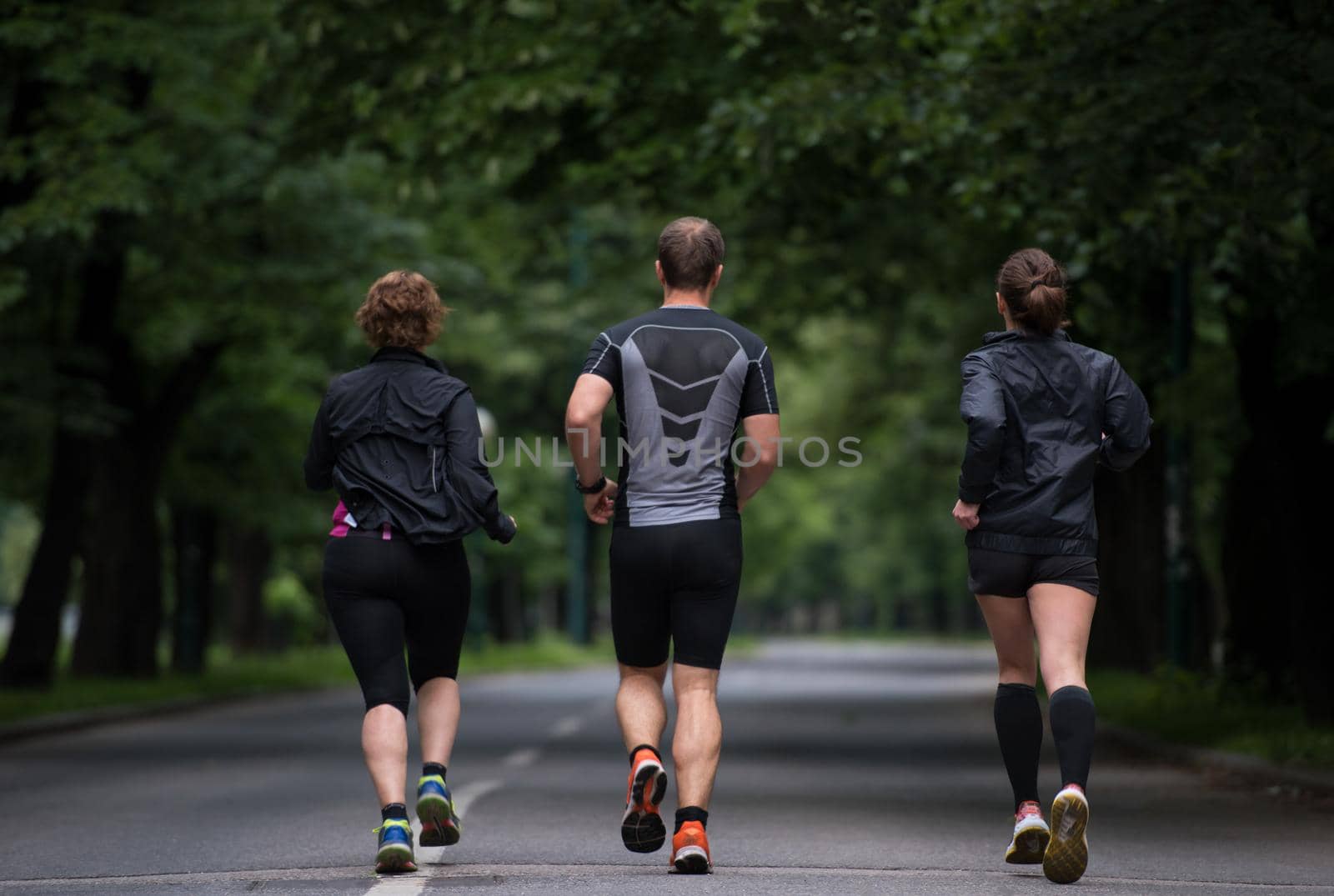 group of healthy people jogging in city park, runners team on morning training