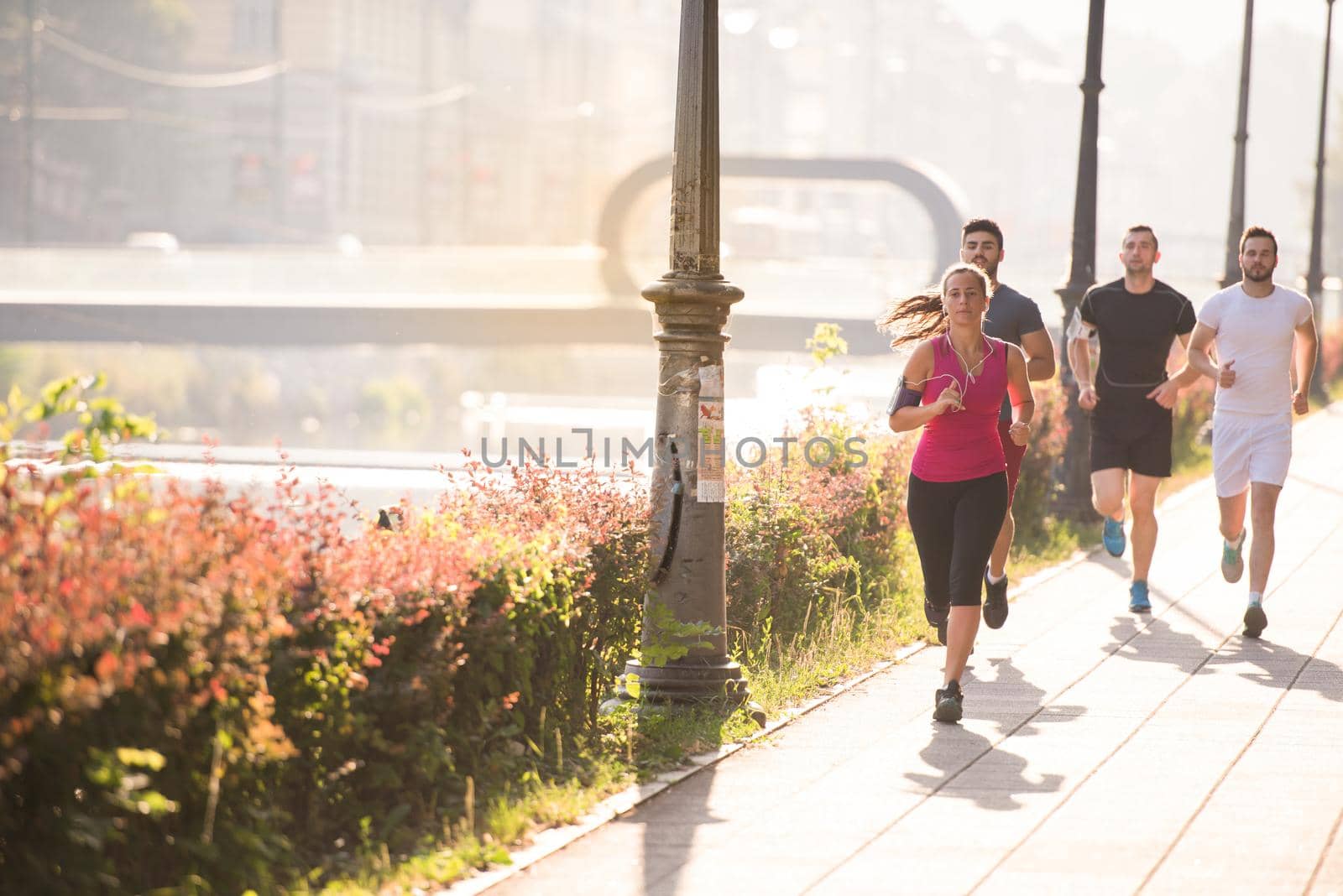 group of young people jogging in the city by dotshock
