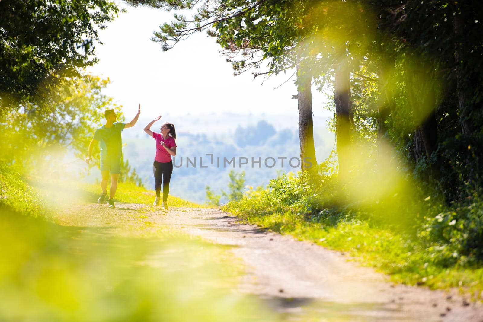 jogging couple giving high five to each other on sunny day at nature by dotshock