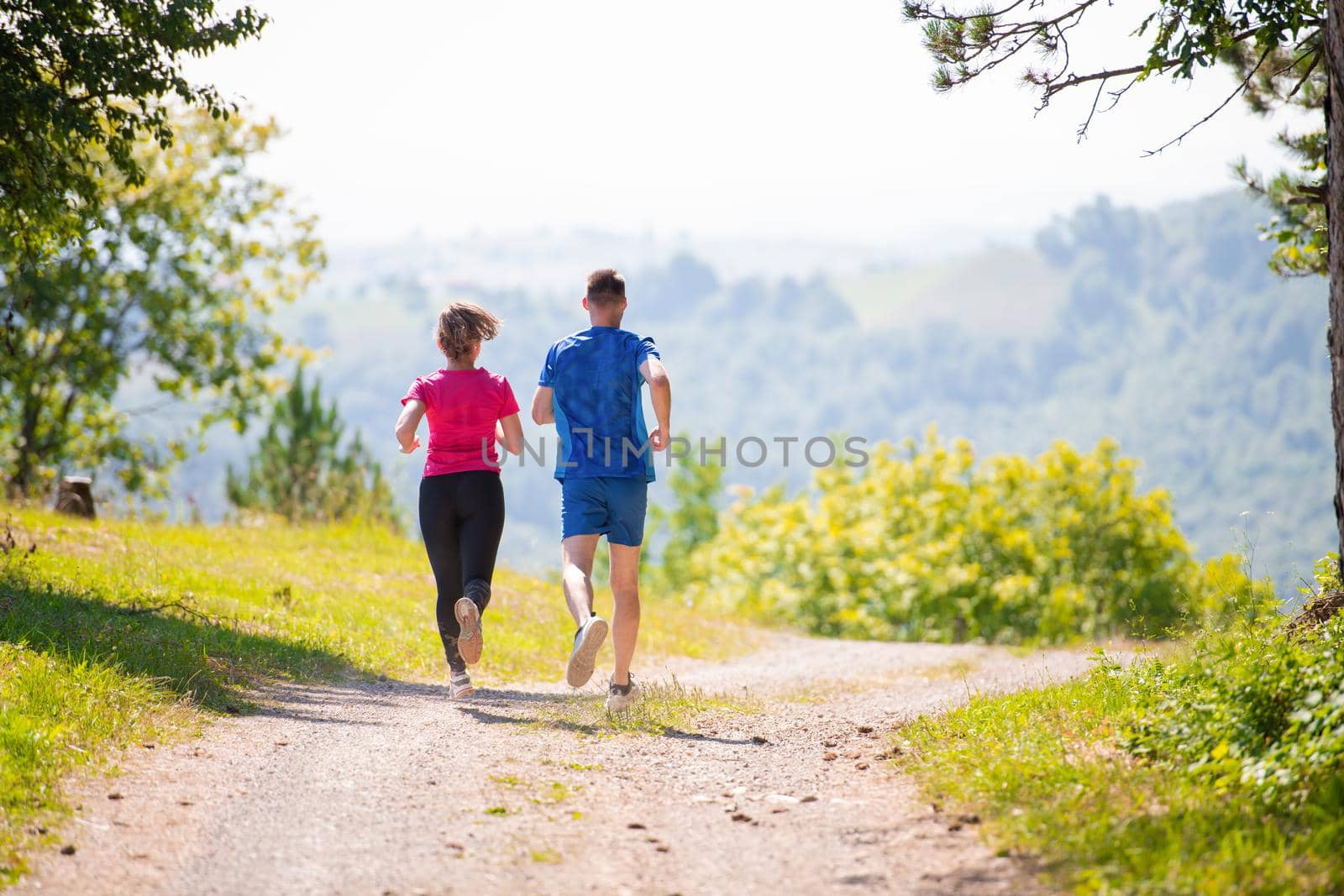 young happy couple enjoying in a healthy lifestyle while jogging on a country road through the beautiful sunny forest, exercise and fitness concept