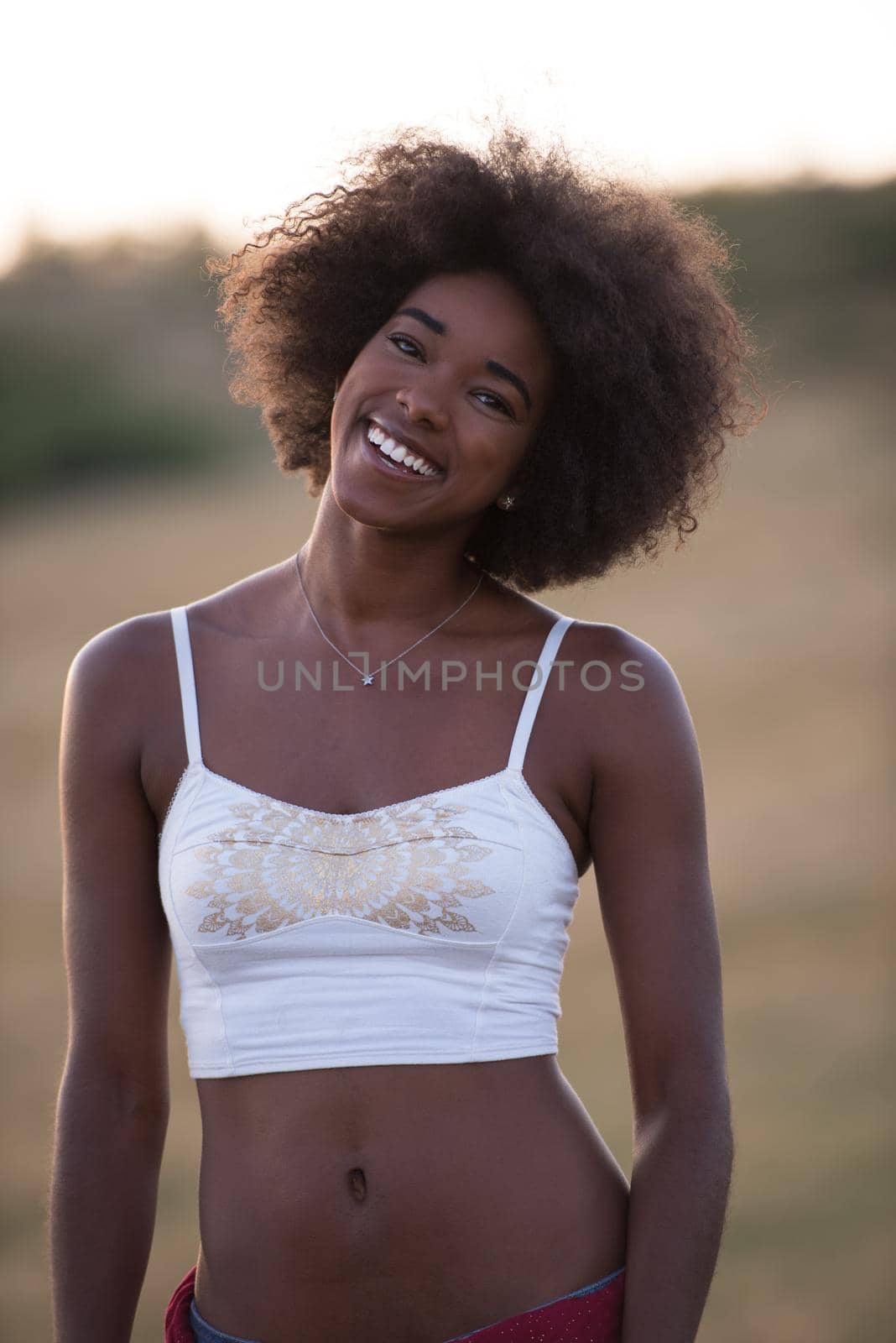 Healthy Looking Smiling Young African American Female beautiful summer evening in nature