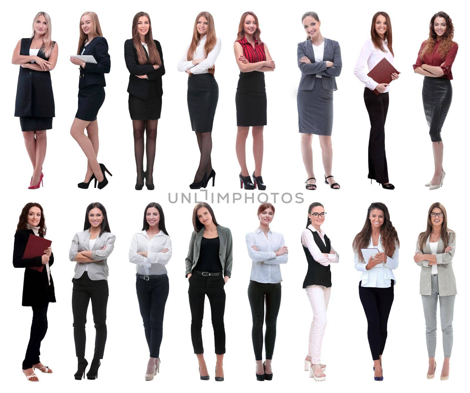 in full growth.collage of a group of successful young business women. isolated on white background