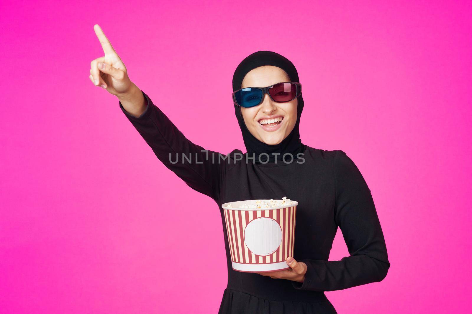 cheerful woman attractive look popcorn glasses movie watching isolated background. High quality photo