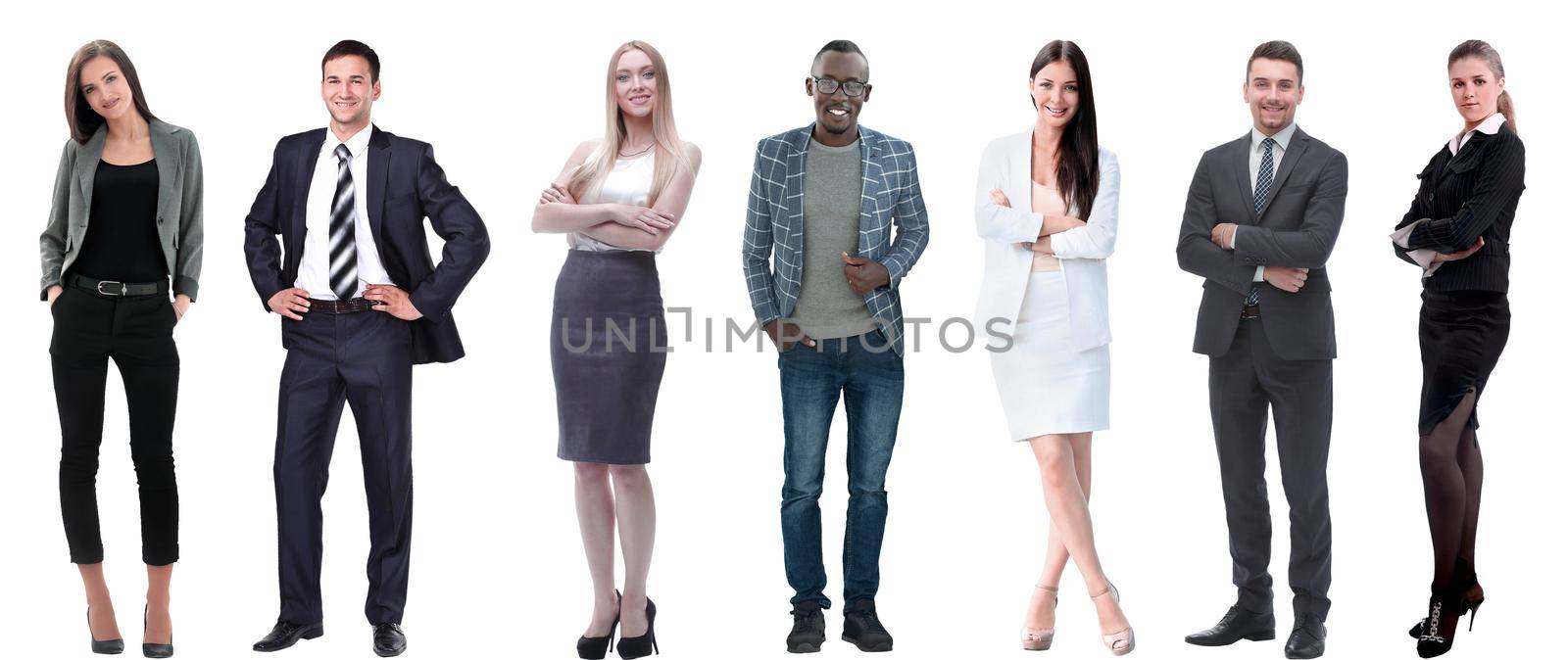 collage of a variety of business people standing in a row. isolated on white background .