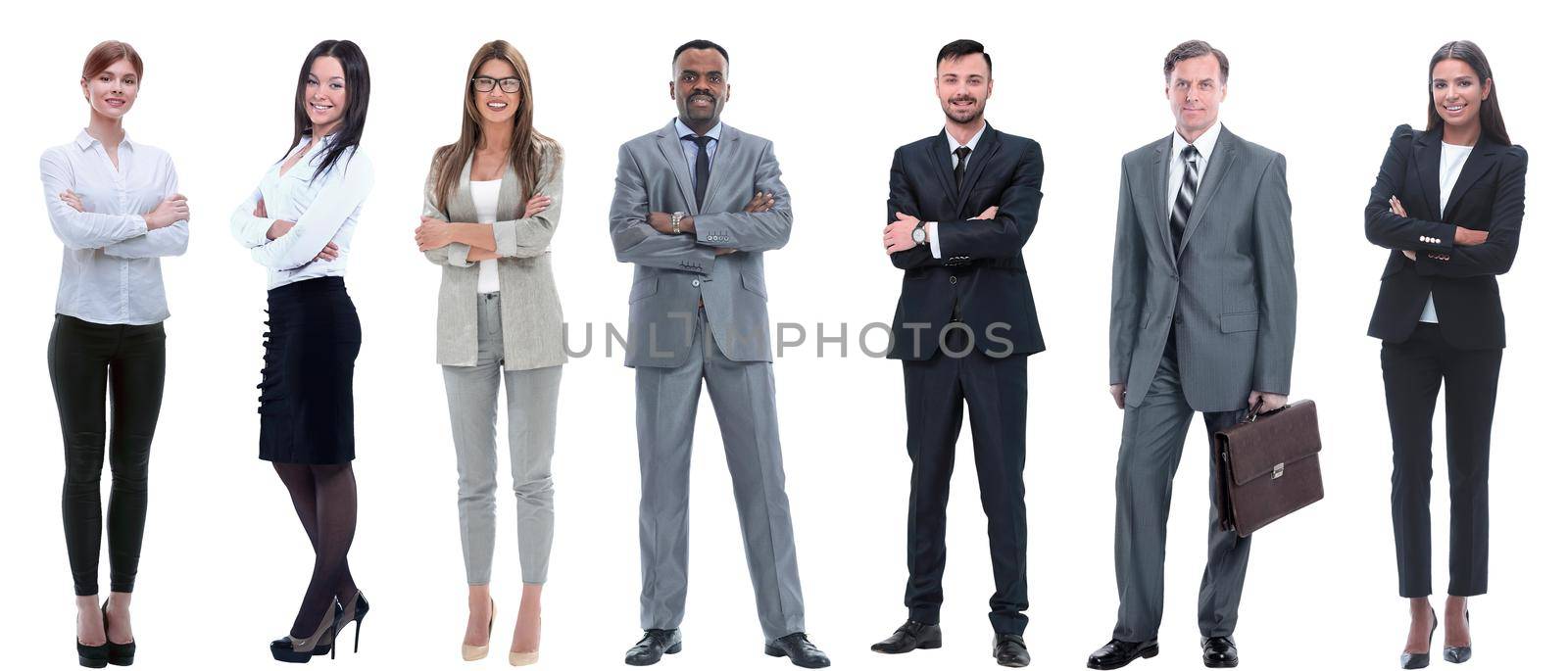 collage of a variety of business people standing in a row. isolated on white background .