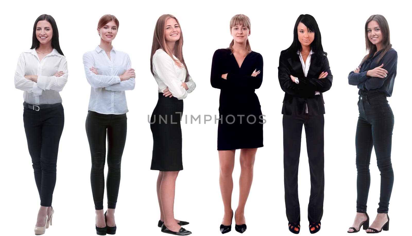 Collection of full-length portraits of young business women isolated on white background