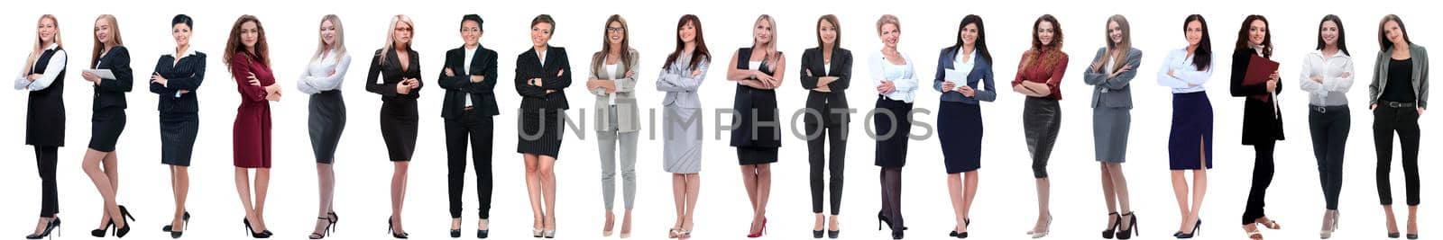 group of successful young businesswoman standing in a row by asdf