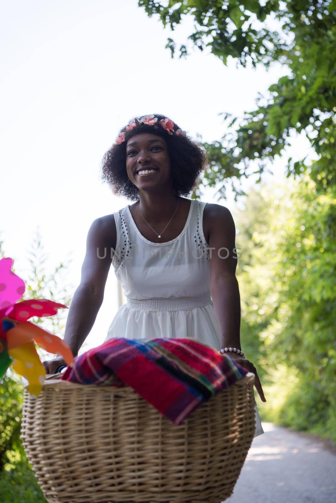 beautiful young African American women enjoy while riding a bicycle in the woods on a sunny summer day