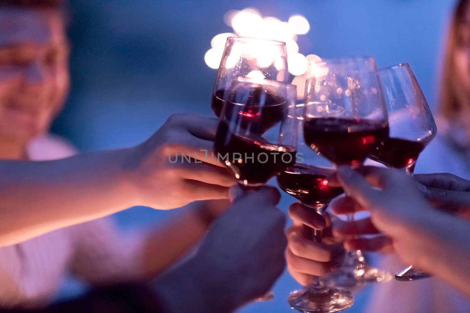 group of happy friends toasting red wine glass while having picnic french dinner party outdoor during summer holiday vacation near the river at beautiful nature