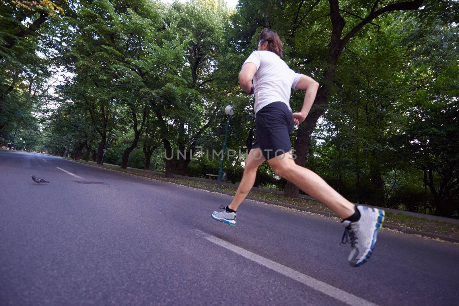 healthy athlete man jogging at morning on empty  roat in the city