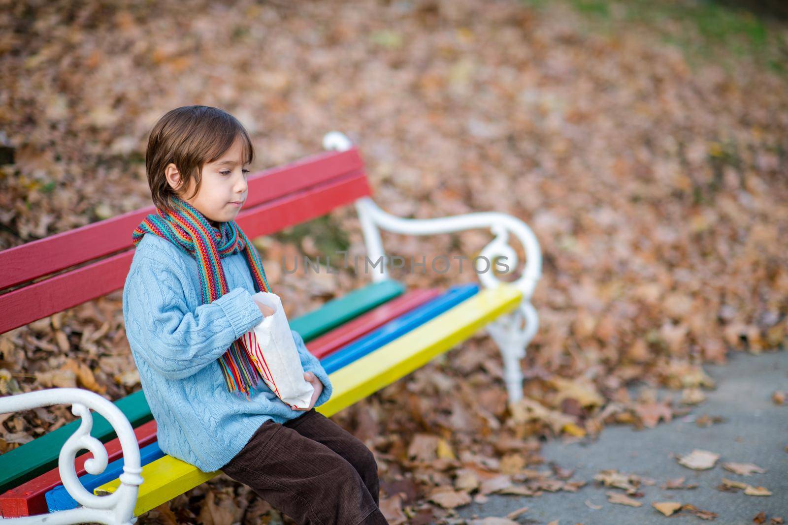 cute little boy in park eating popcorn by dotshock
