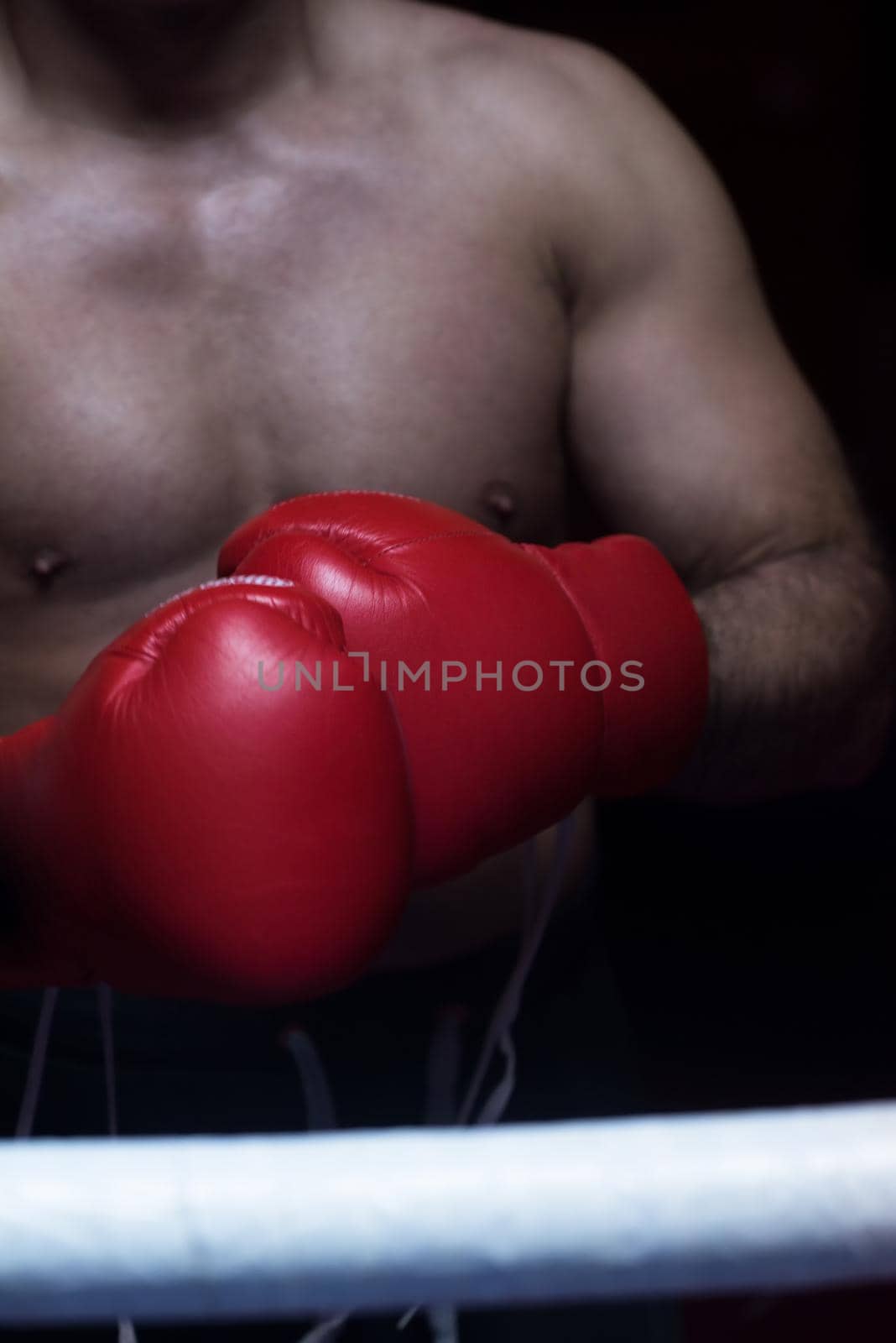 muscular professional kick boxer resting on the ropes in the corner of the ring while training for the next match with a focus on the gloves