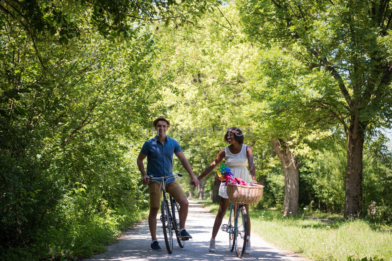 a young man and a beautiful African American girl enjoying a bike ride in nature on a sunny summer day