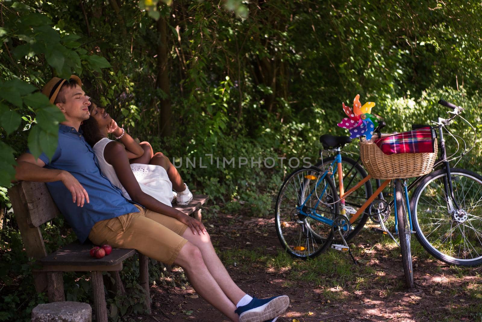 a young man and a beautiful African American girl enjoying a bike ride in nature on a sunny summer day