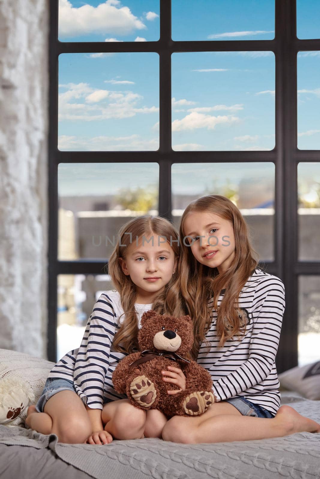 Cute little sisters in striped t-shirts are sitting on the sofa in the bright spacious room. They are holding little brown toy bear between them