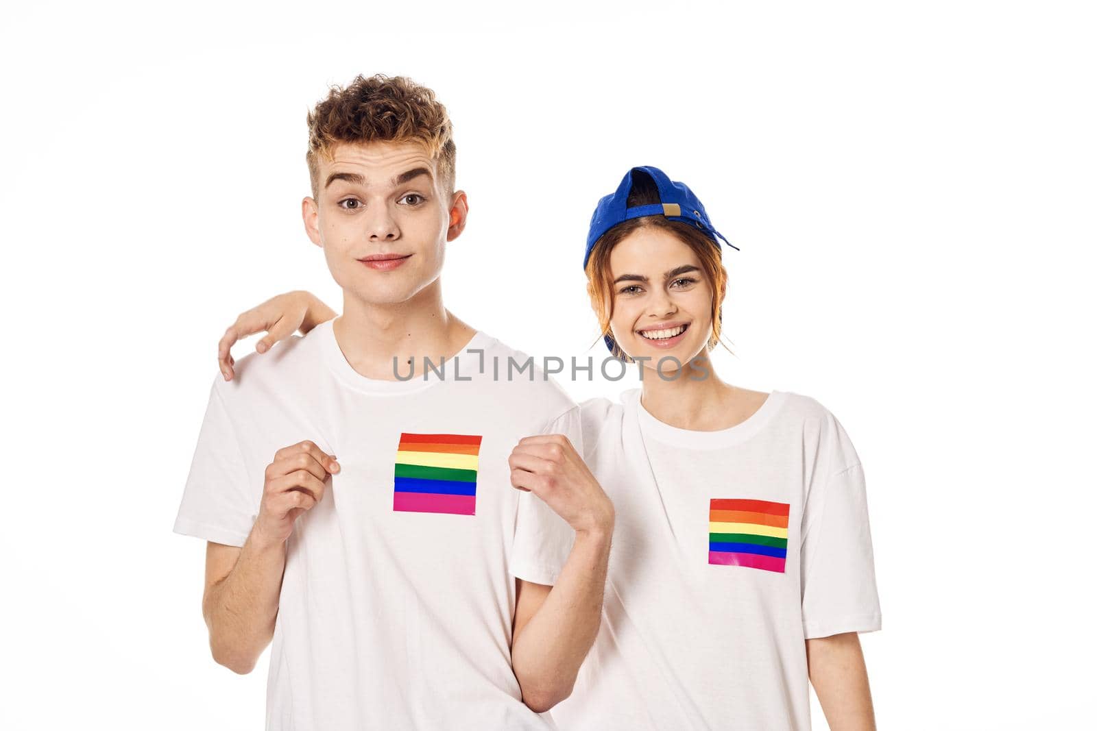 couple in white t-shirts Flag lgbt transgender sexual minorities. High quality photo