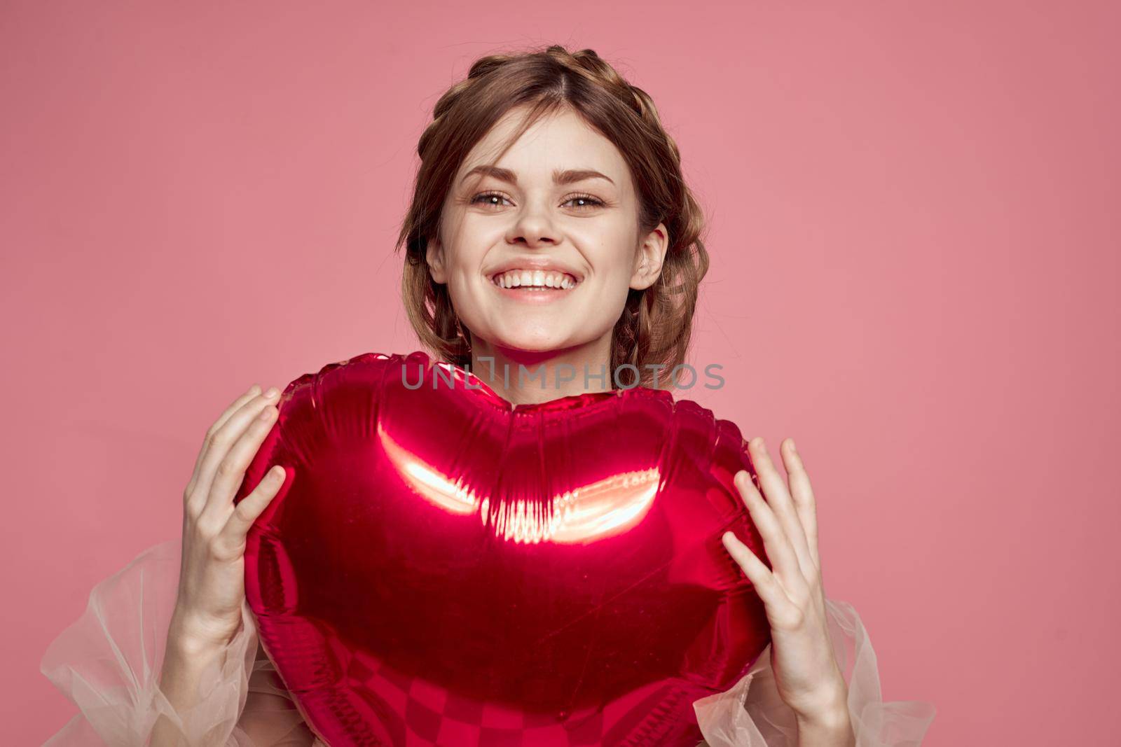 cheerful woman in a dress balloon Valentine's Day model studio by Vichizh