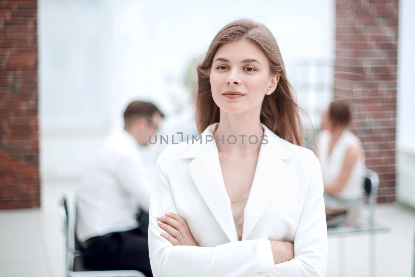 dreams of a young business woman standing in office by asdf